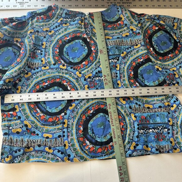 Impressions Womens Linen Blouse Geometric Blue Small Art to Wear Crew - Picture 3 of 5